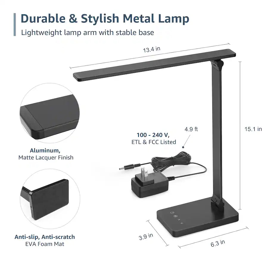 LED Desk Lamp - 9.5W 750LM Touch Control, 5 Brightness Level - Black