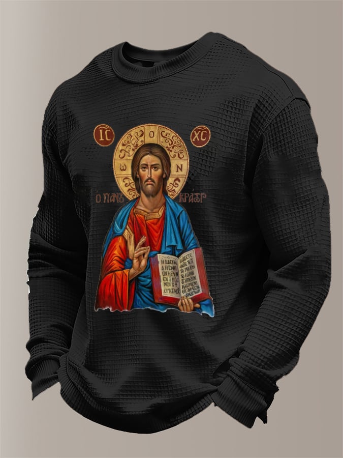 Jesus Victory Christian Orthodox Icon Men's print waffle-knit long-sleeved T-shirt