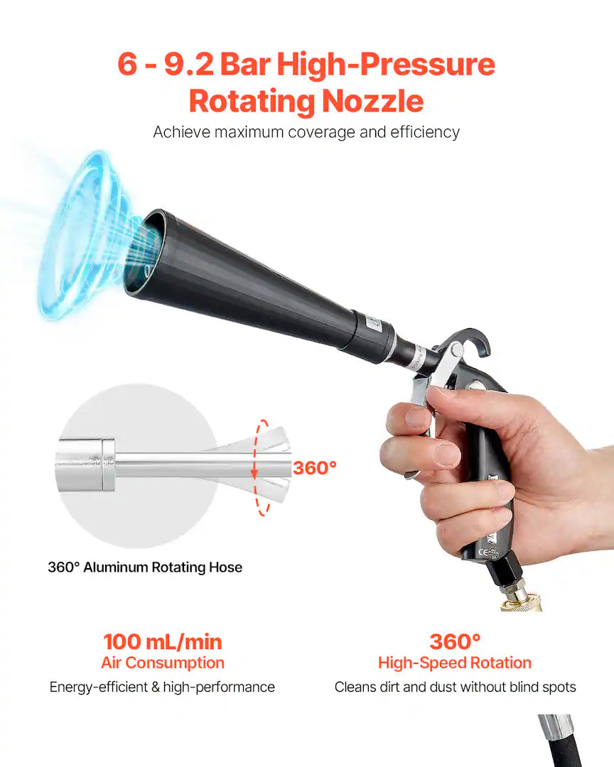 Car Cleaning Gun, 6-9.2 Bar High-Pressure Air Blow Gun with 2 Set Nozzles, 360° Rotating Nozzle for Complete Cleaning - Black