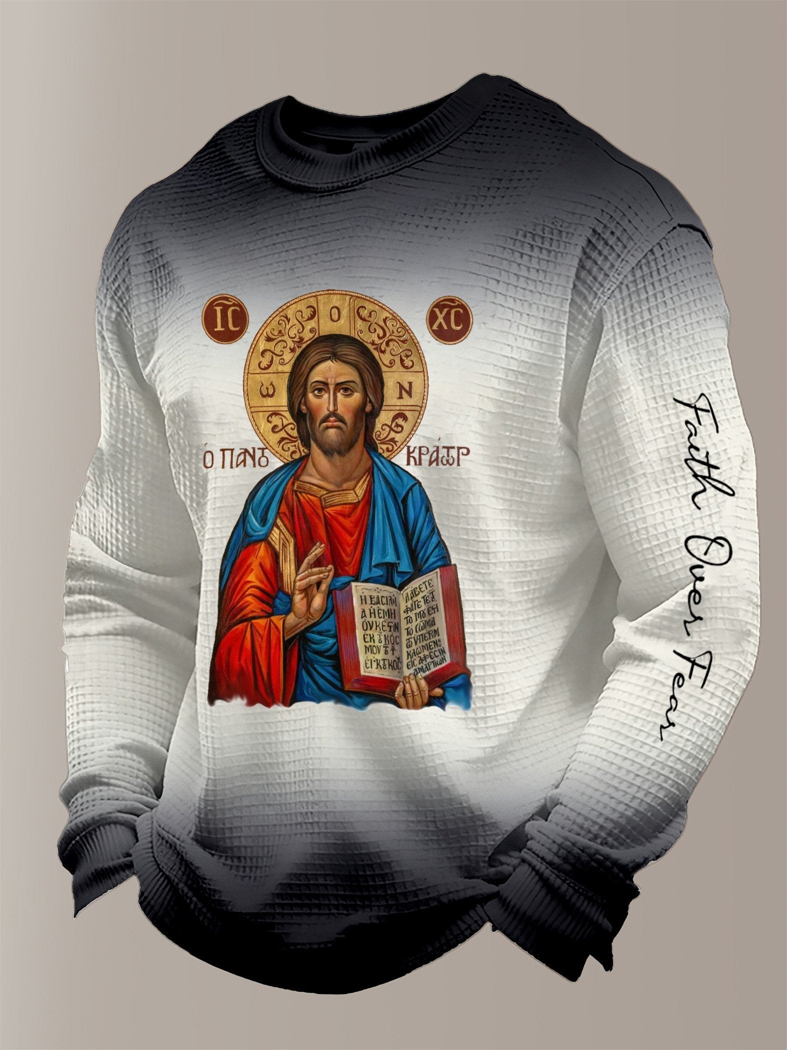 Jesus Victory Christian Orthodox Icon Men's print waffle-knit long-sleeved T-shirt