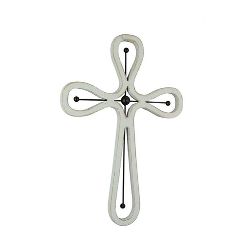 16 Inch Wooden Metal Scroll Cross Wall Hanging Home Decor Modern Decorative Art - White