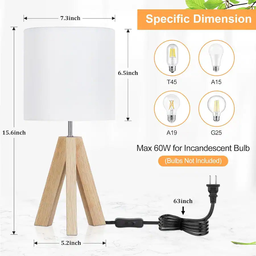 Nordic Hygge - Small Beside Table Lamp, Tripod Table Lamp with White Fabric Shade, Cute Boho Nightstand Minimalist Desk Lamp - wood