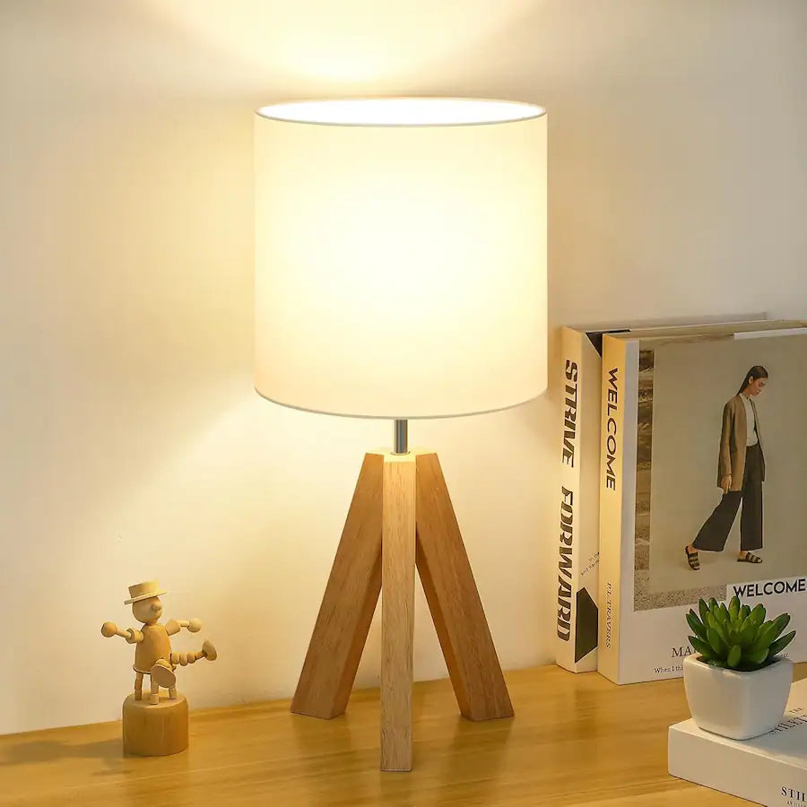 Nordic Hygge - Small Beside Table Lamp, Tripod Table Lamp with White Fabric Shade, Cute Boho Nightstand Minimalist Desk Lamp - wood