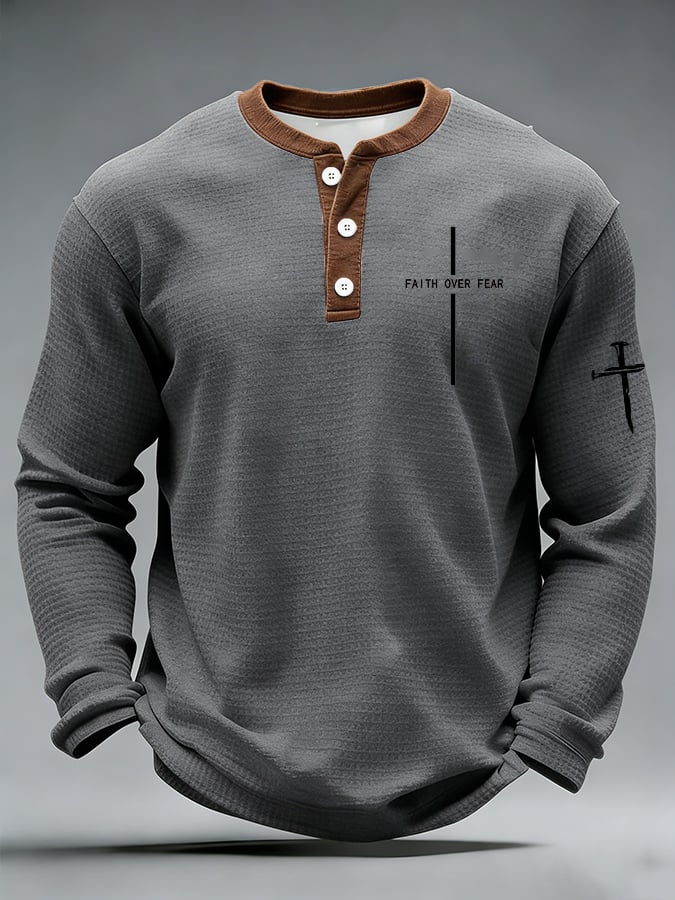Men's casual faith-overcoming-fear waffle-knit Henley shirt