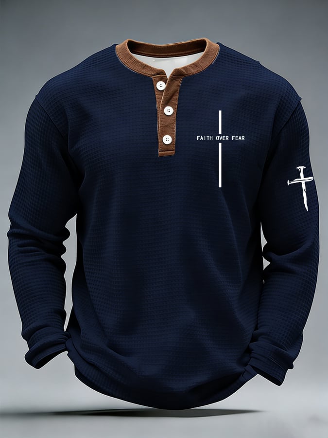 Men's casual faith-overcoming-fear waffle-knit Henley shirt
