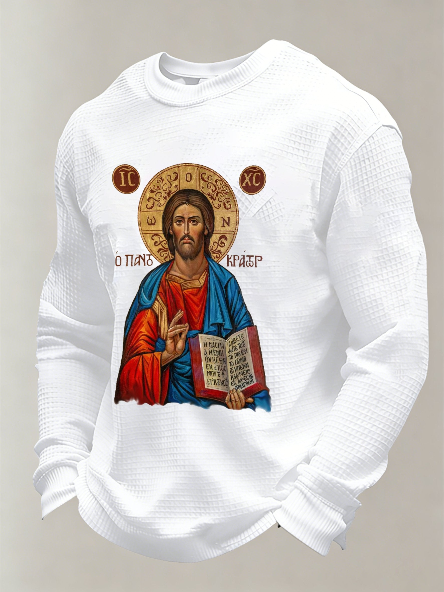 Jesus Victory Christian Orthodox Icon Men's print waffle-knit long-sleeved T-shirt