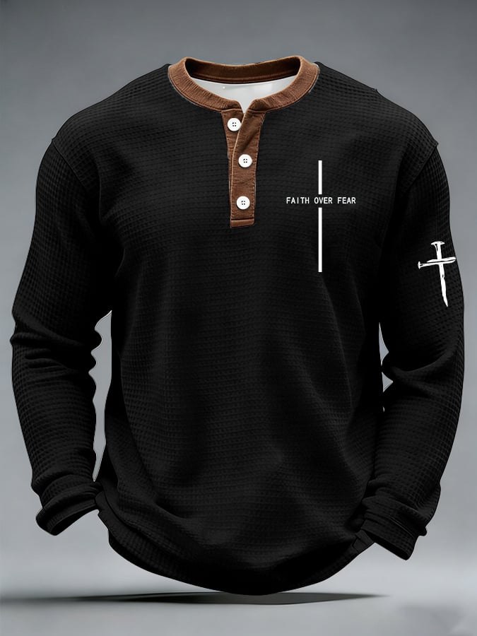 Men's casual faith-overcoming-fear waffle-knit Henley shirt