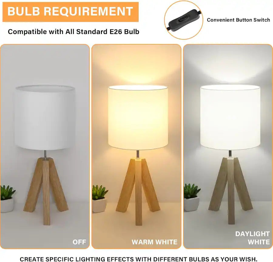 Nordic Hygge - Small Beside Table Lamp, Tripod Table Lamp with White Fabric Shade, Cute Boho Nightstand Minimalist Desk Lamp - wood
