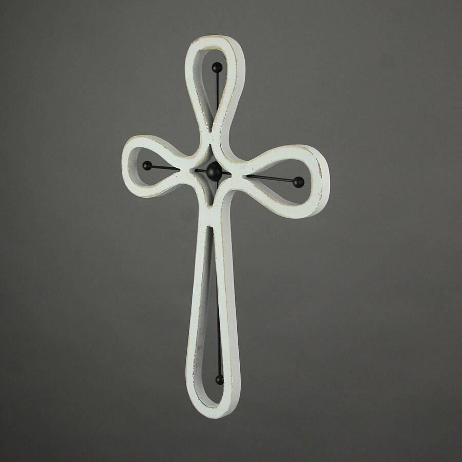 16 Inch Wooden Metal Scroll Cross Wall Hanging Home Decor Modern Decorative Art - White
