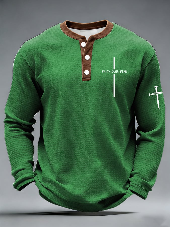 Men's casual faith-overcoming-fear waffle-knit Henley shirt