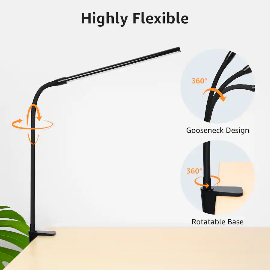 Clip-on LED Desk Lamp, USB-Powered with 3 Color Modes 10 Brightness, 360°Adjustable - Black