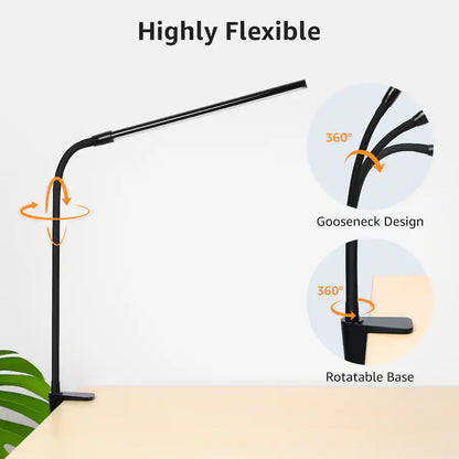 Clip-on LED Desk Lamp, USB-Powered with 3 Color Modes 10 Brightness, 360°Adjustable - Black