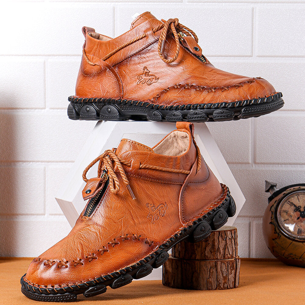 Mens Hand Stitching Non-Slip Soft Sole Genuine Leather Ankle Chukka Boots