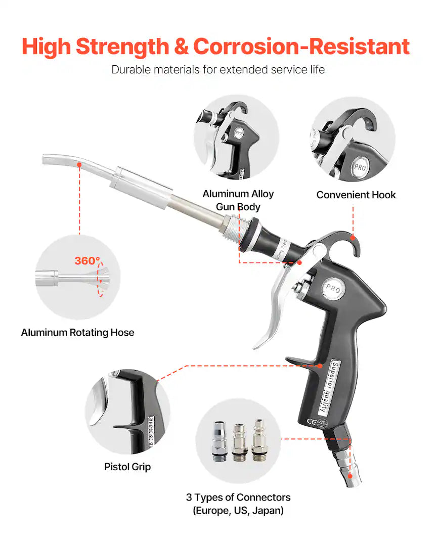 Car Cleaning Gun, 6-9.2 Bar High-Pressure Air Blow Gun with 2 Set Nozzles, 360° Rotating Nozzle for Complete Cleaning - Black