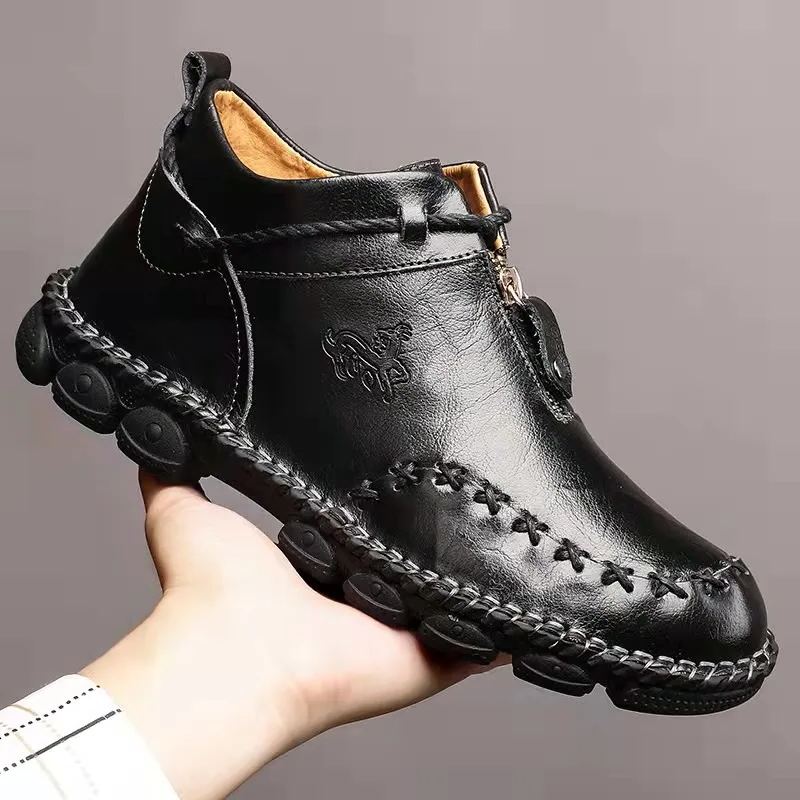 Mens Hand Stitching Non-Slip Soft Sole Genuine Leather Ankle Chukka Boots