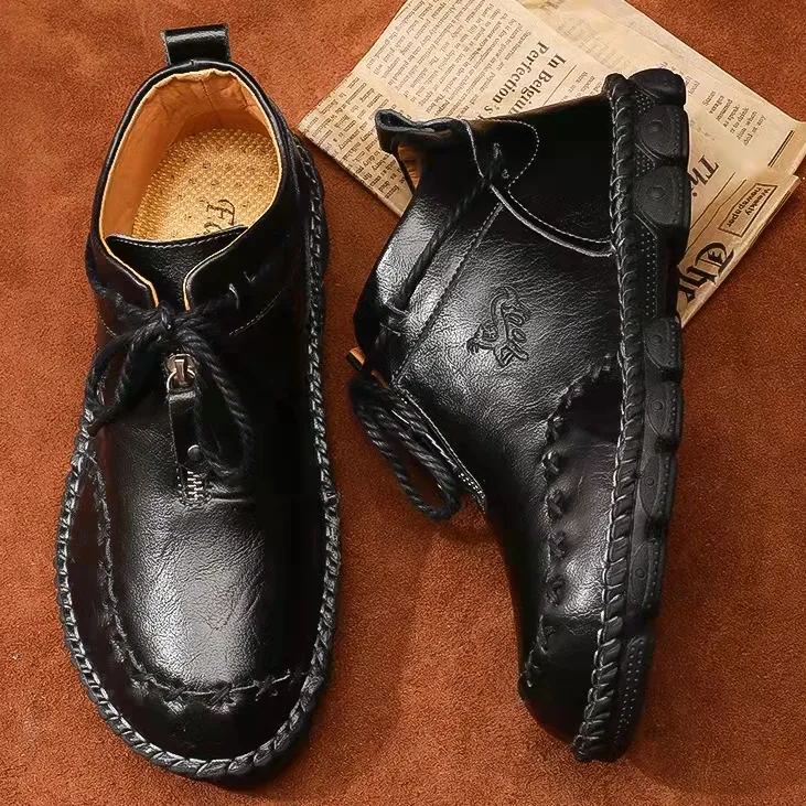 Mens Hand Stitching Non-Slip Soft Sole Genuine Leather Ankle Chukka Boots