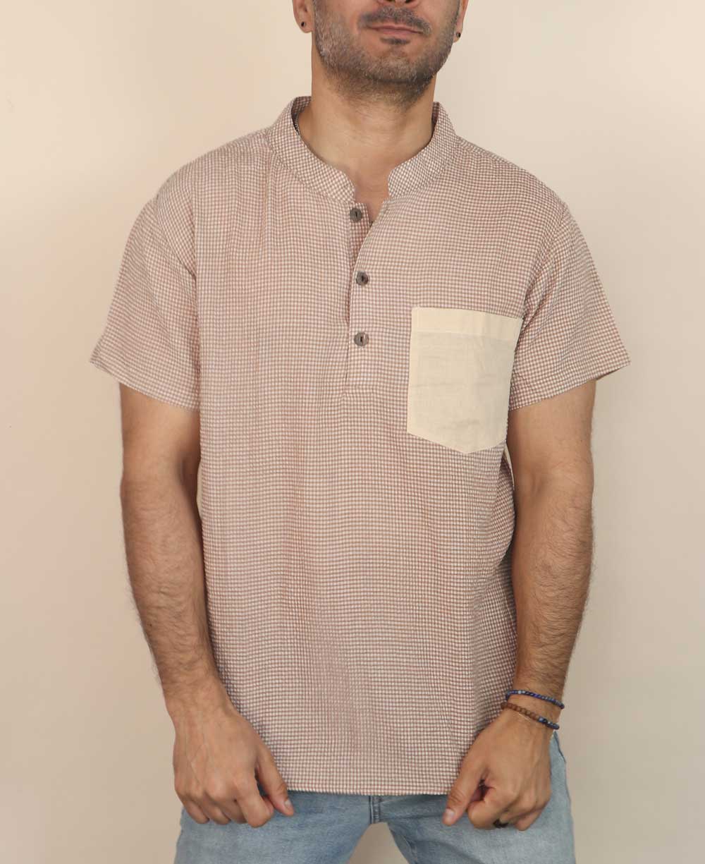 Men's Button Up Kurta Shirt With Solid Pocket