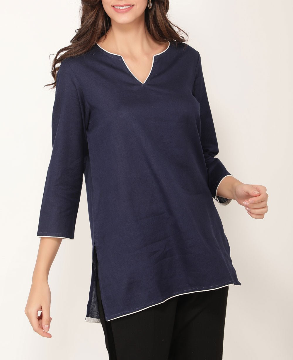 Navy Blue and White Cotton Tunic Top